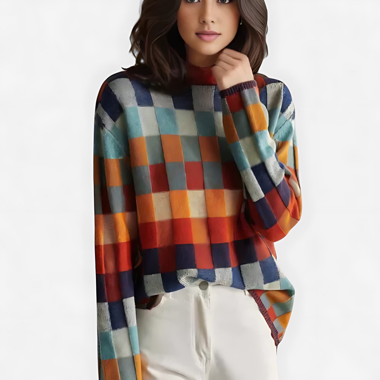 Bianca – Checkered Print Crew Neck Sweater