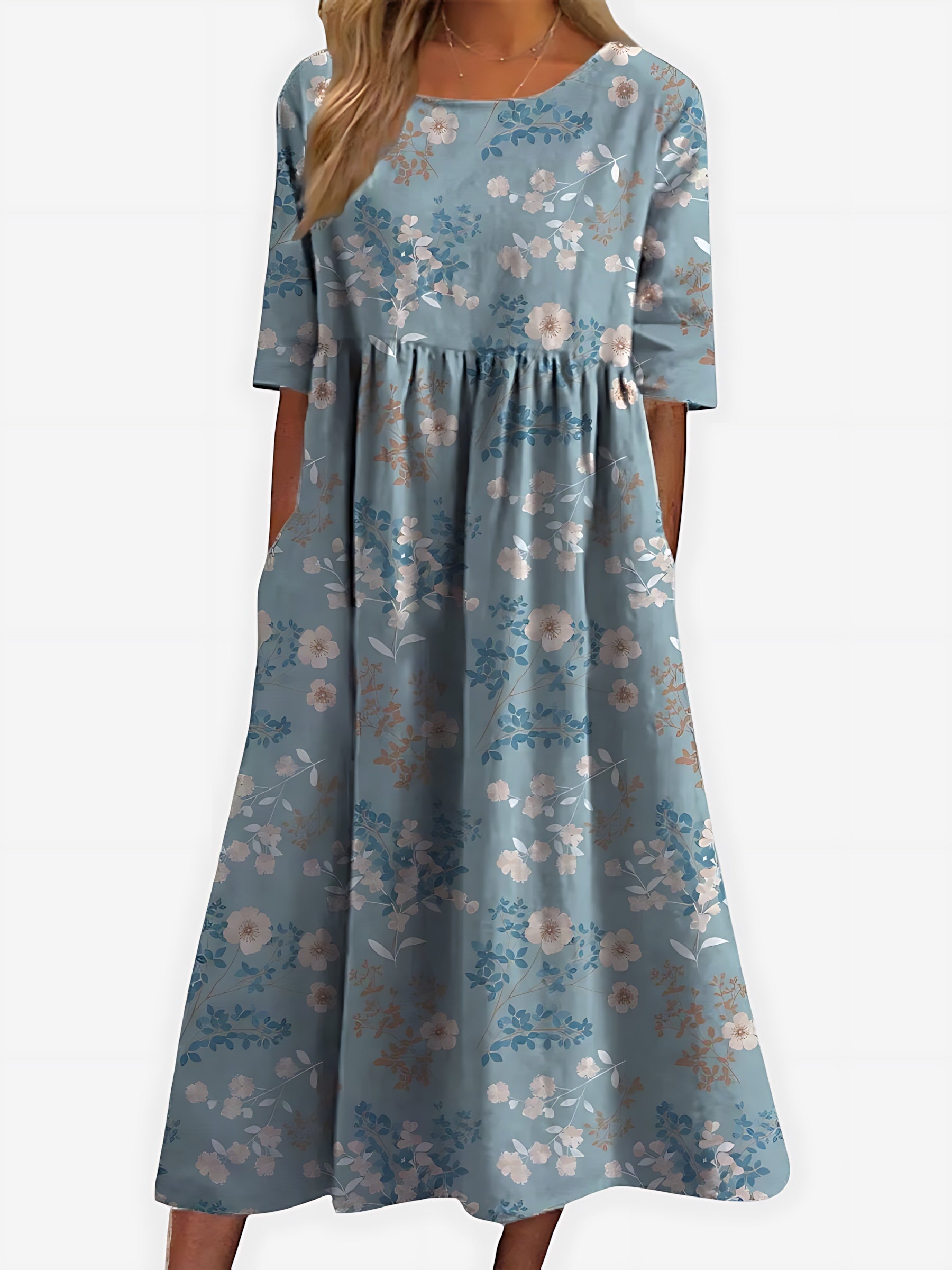 Camille – Floral Print Scoop Neck Flowy Midi Dress