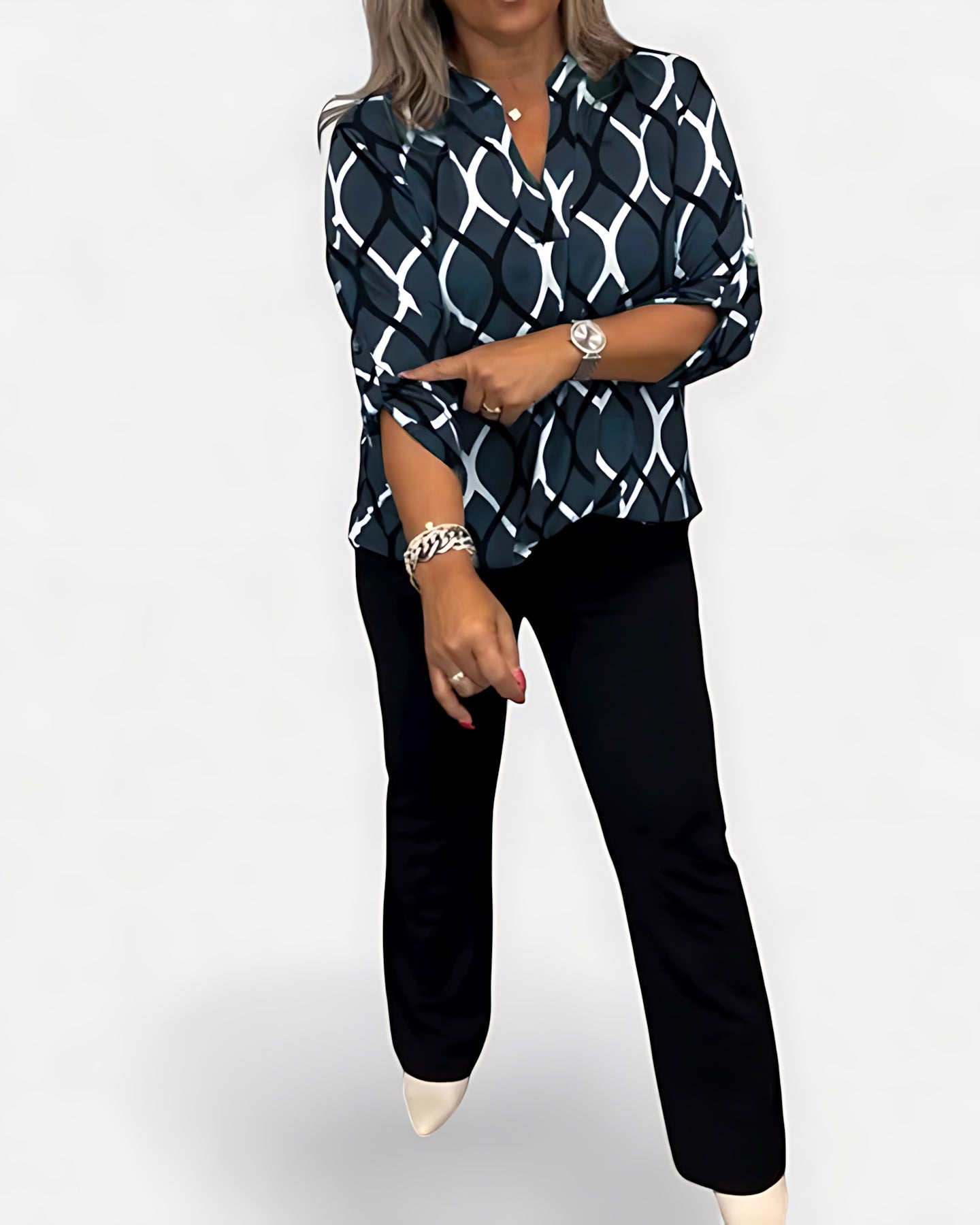 Catherine – Geometric Print Long Sleeve Blouse