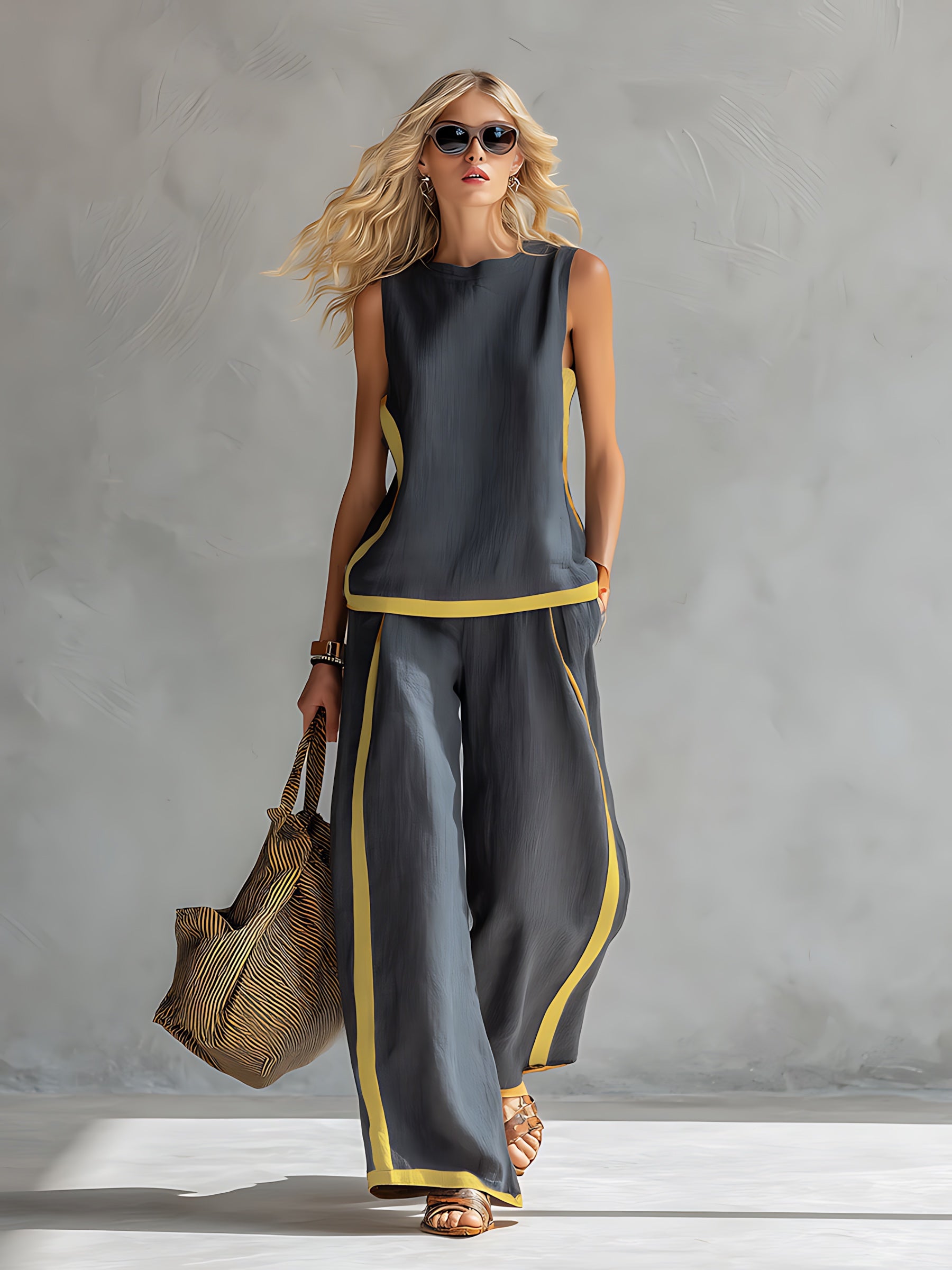 Chloe – Contrast Stripe Tank Top and Wide Leg Pants Set
