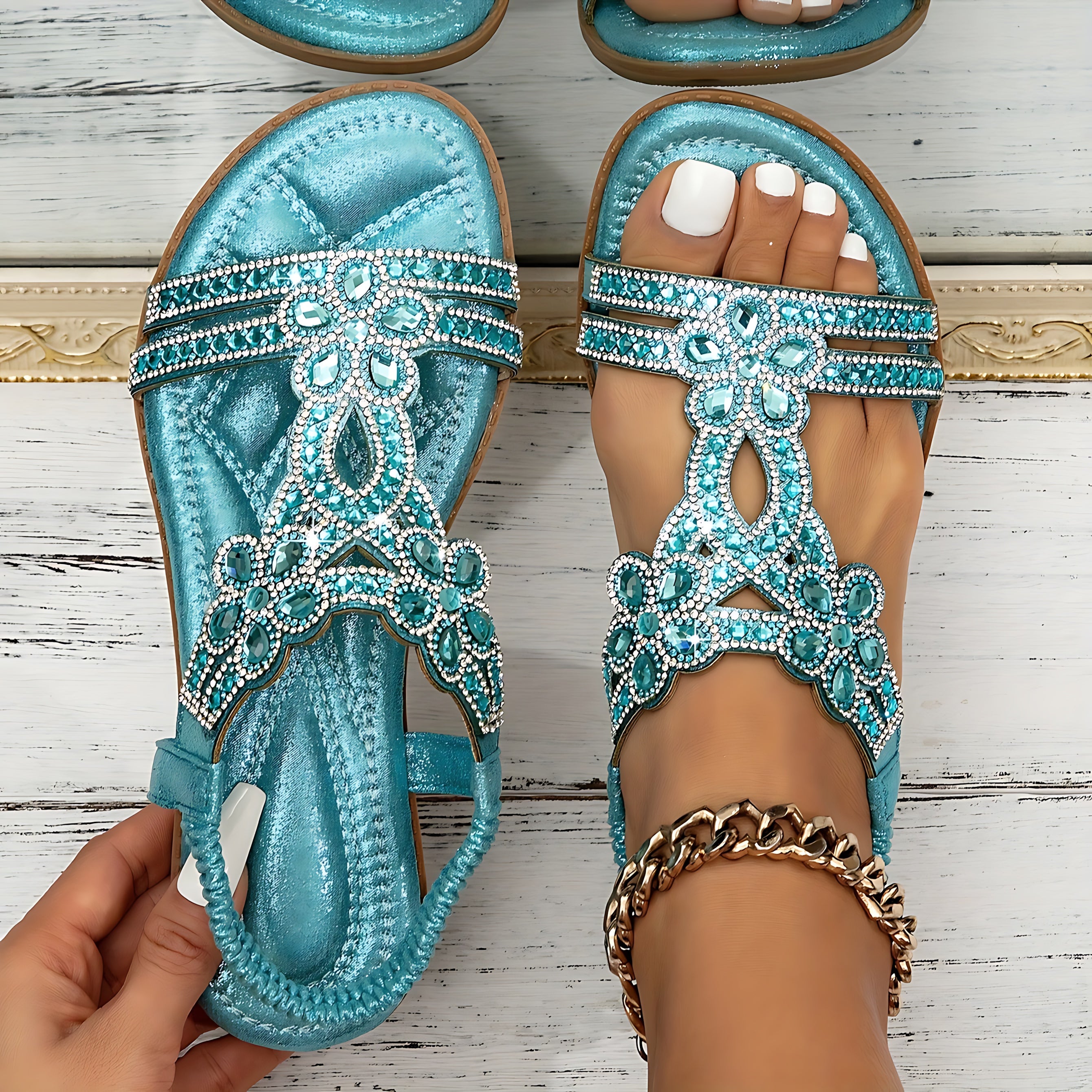 Claudia – Boho Rhinestone Beaded Flat Sandals