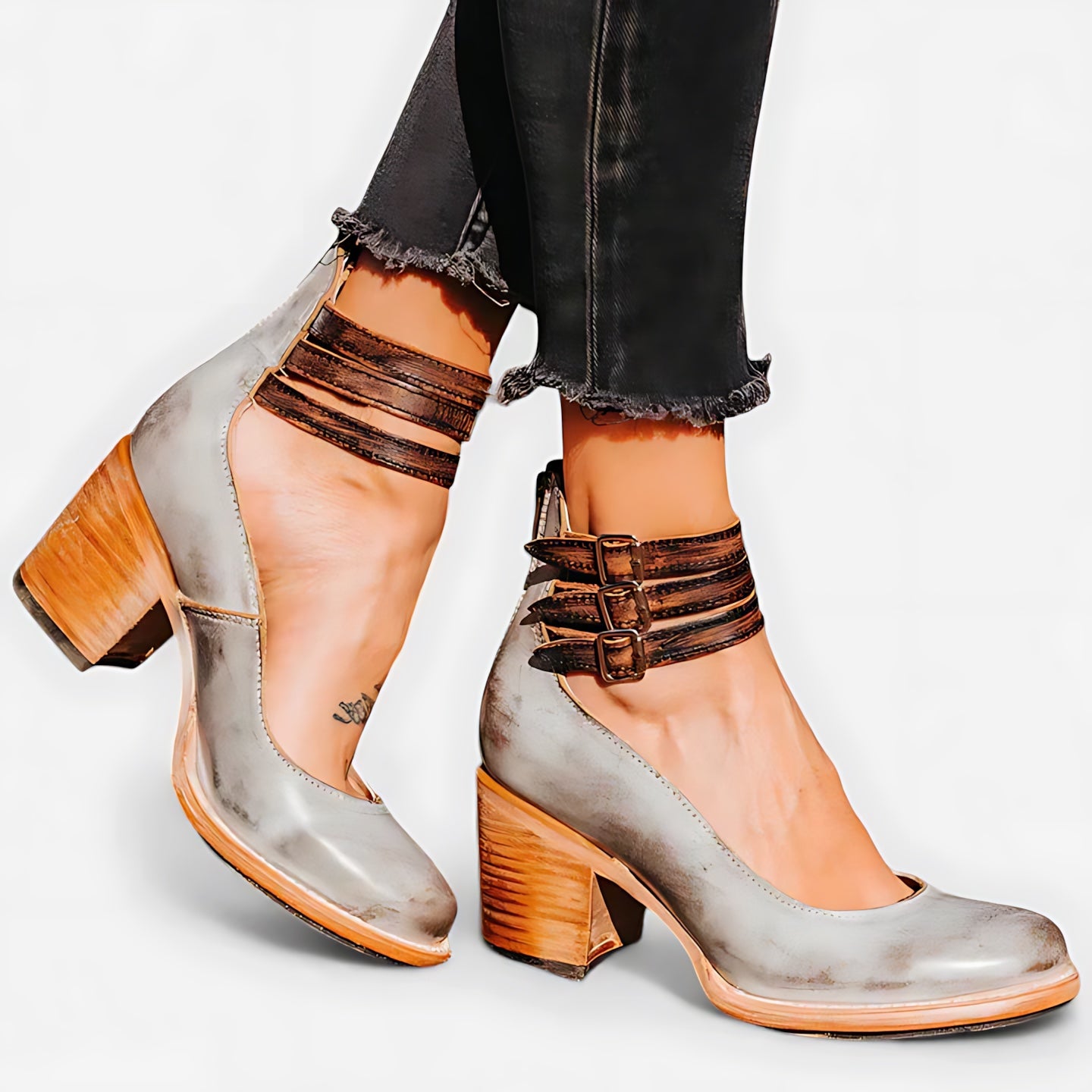 Della – Suede Ankle Strap Block Heel Pumps