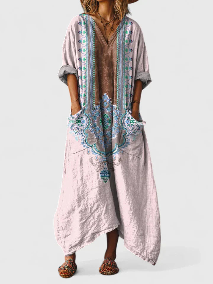 Adalynn – Boho Print Kimono Sleeve Kaftan Maxi Dress