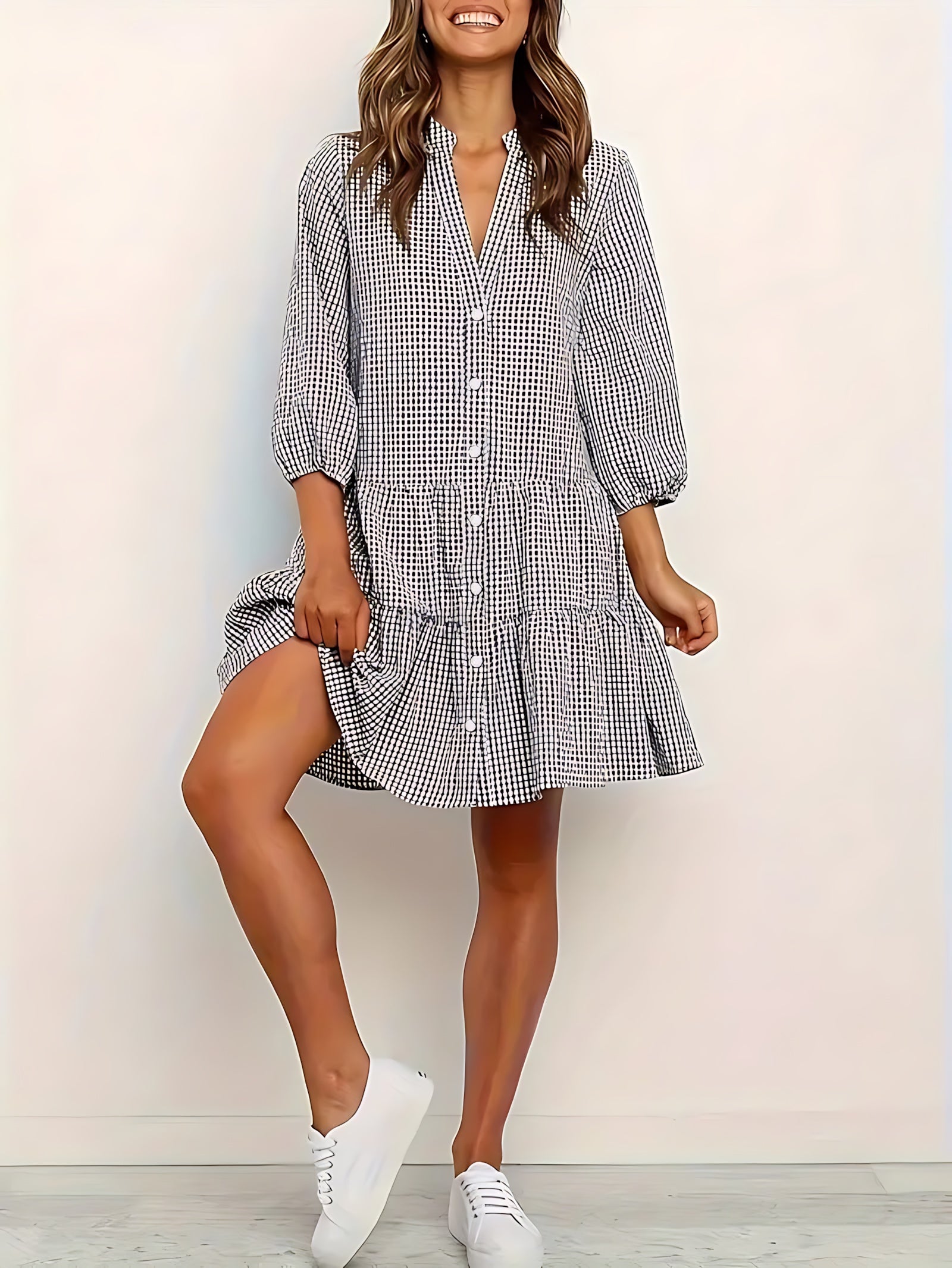 Elise – Striped Tiered 3/4 Sleeve Mini Shirt Dress