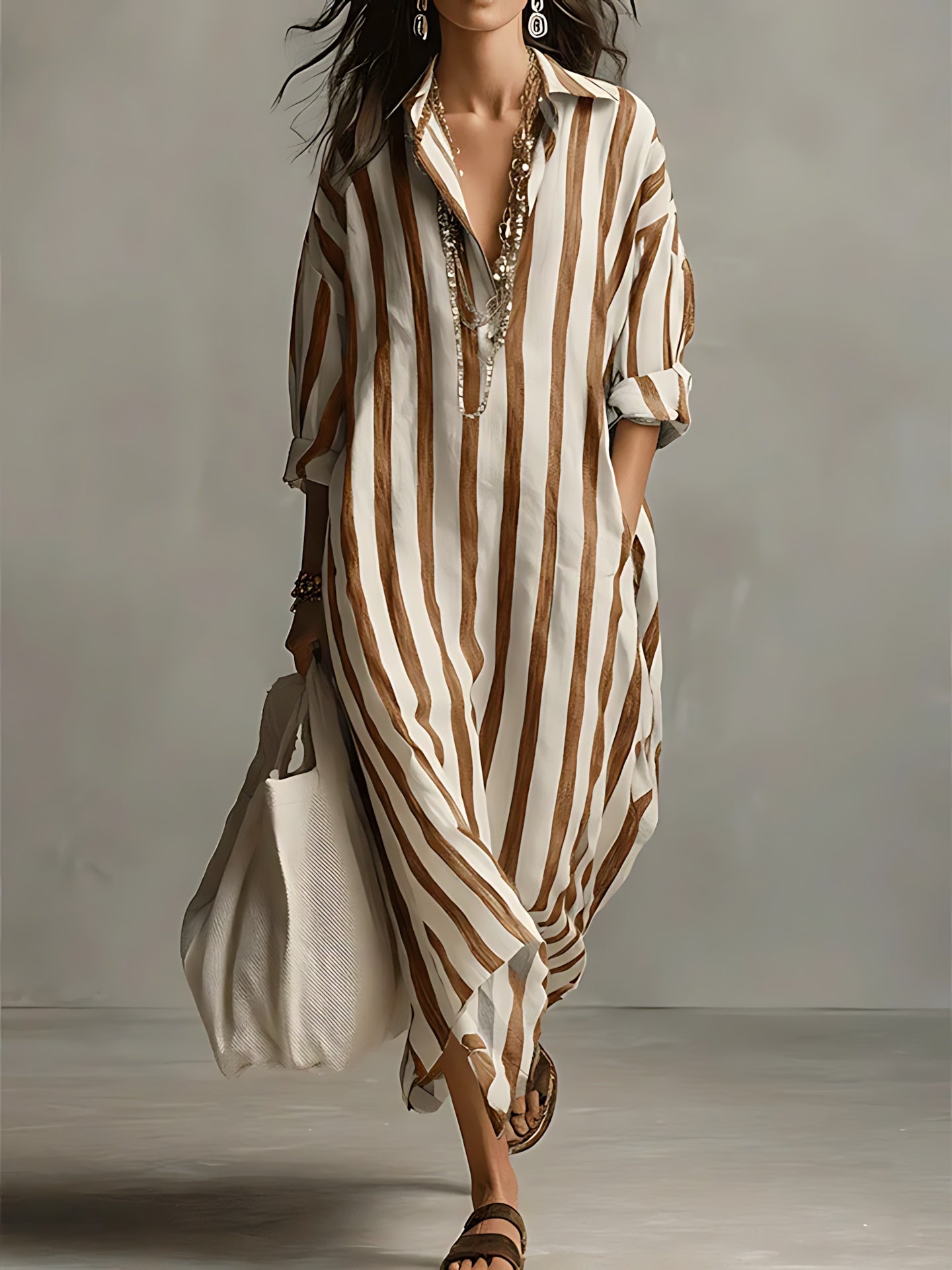 Elizabeth – Striped Long Sleeve Midi Shirt Dress
