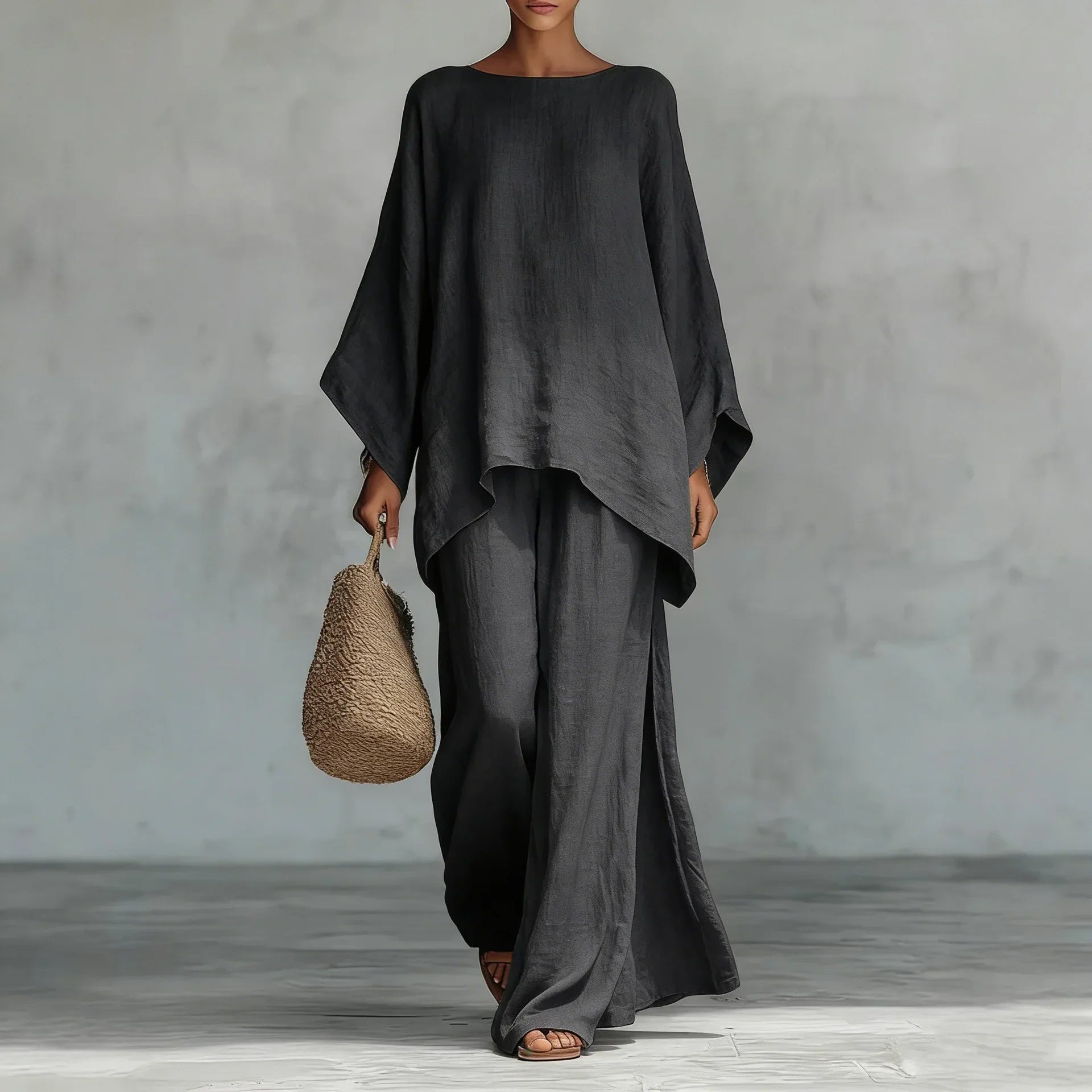Lucy – Asymmetrical Knit Top and Wide Leg Pants Set