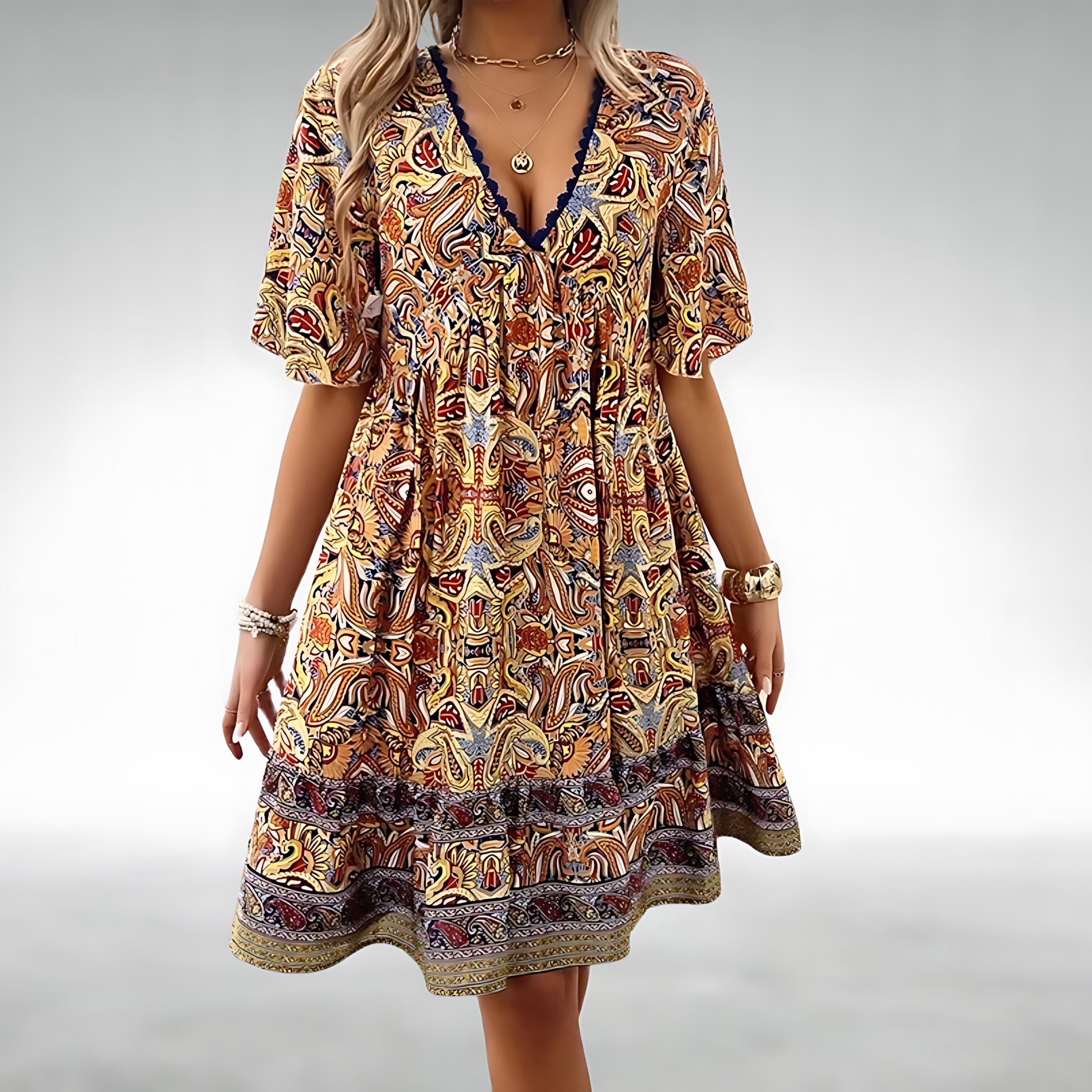 Faith – Paisley Boho Print Tiered Mini Dress