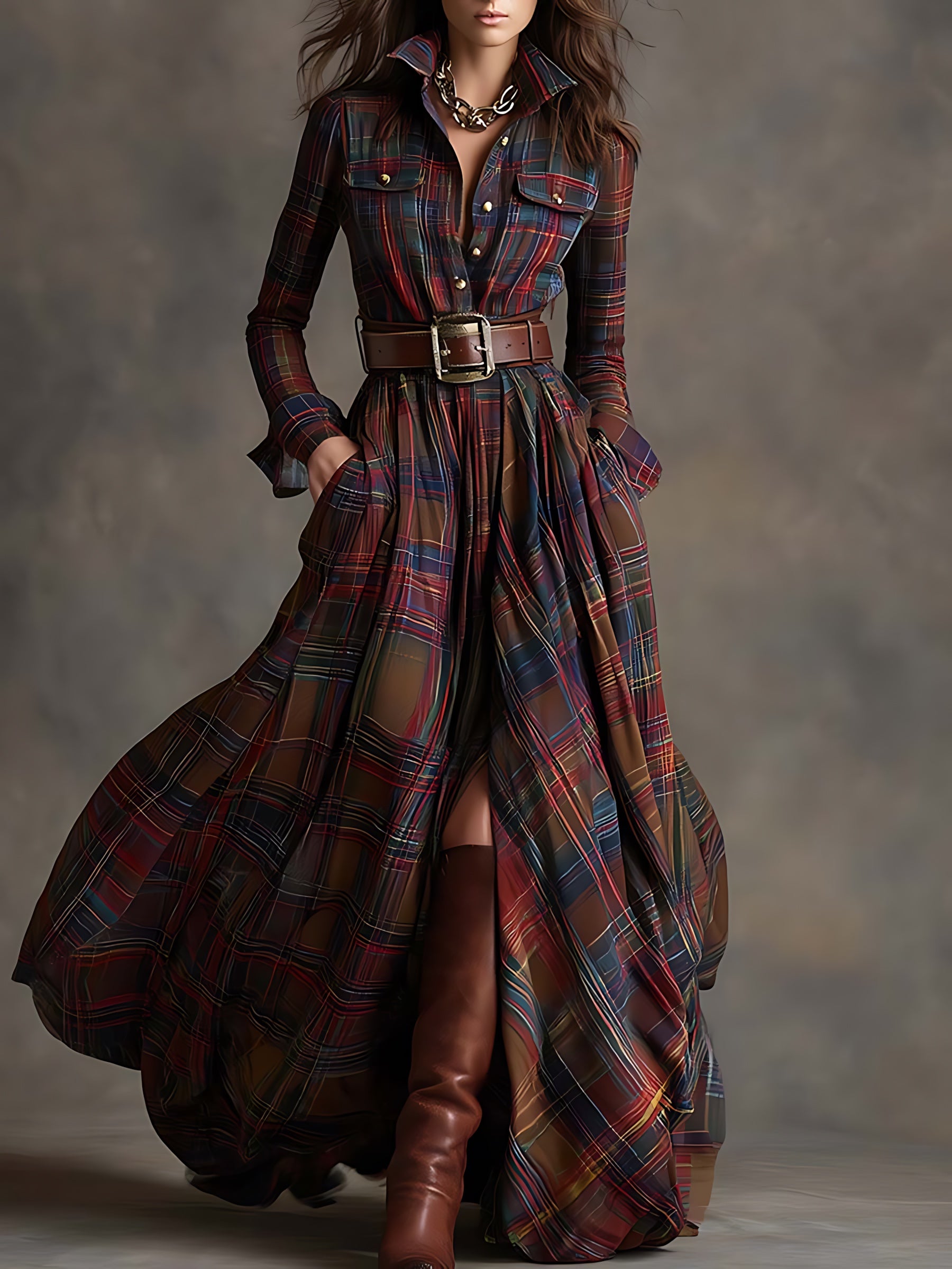 Hazel – Plaid Long Sleeve Maxi Shirt Dress