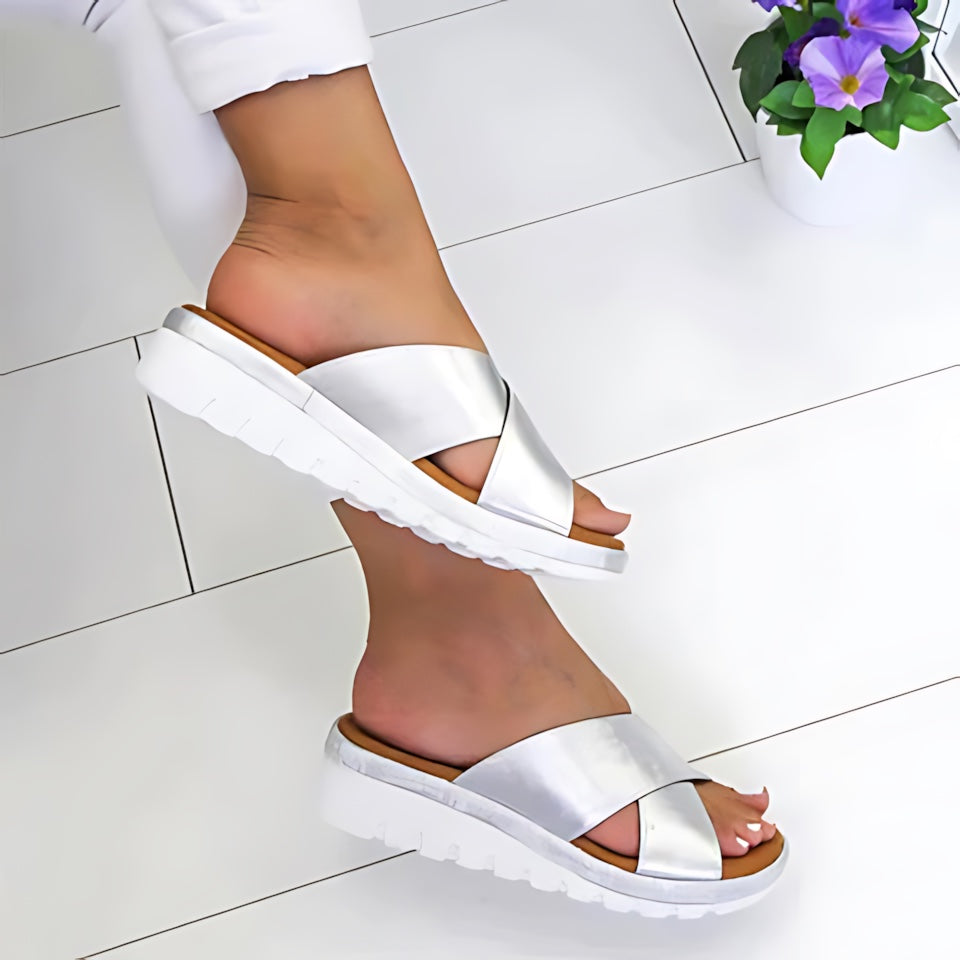 Maeve – Metallic Cross Strap Platform Slide Sandals