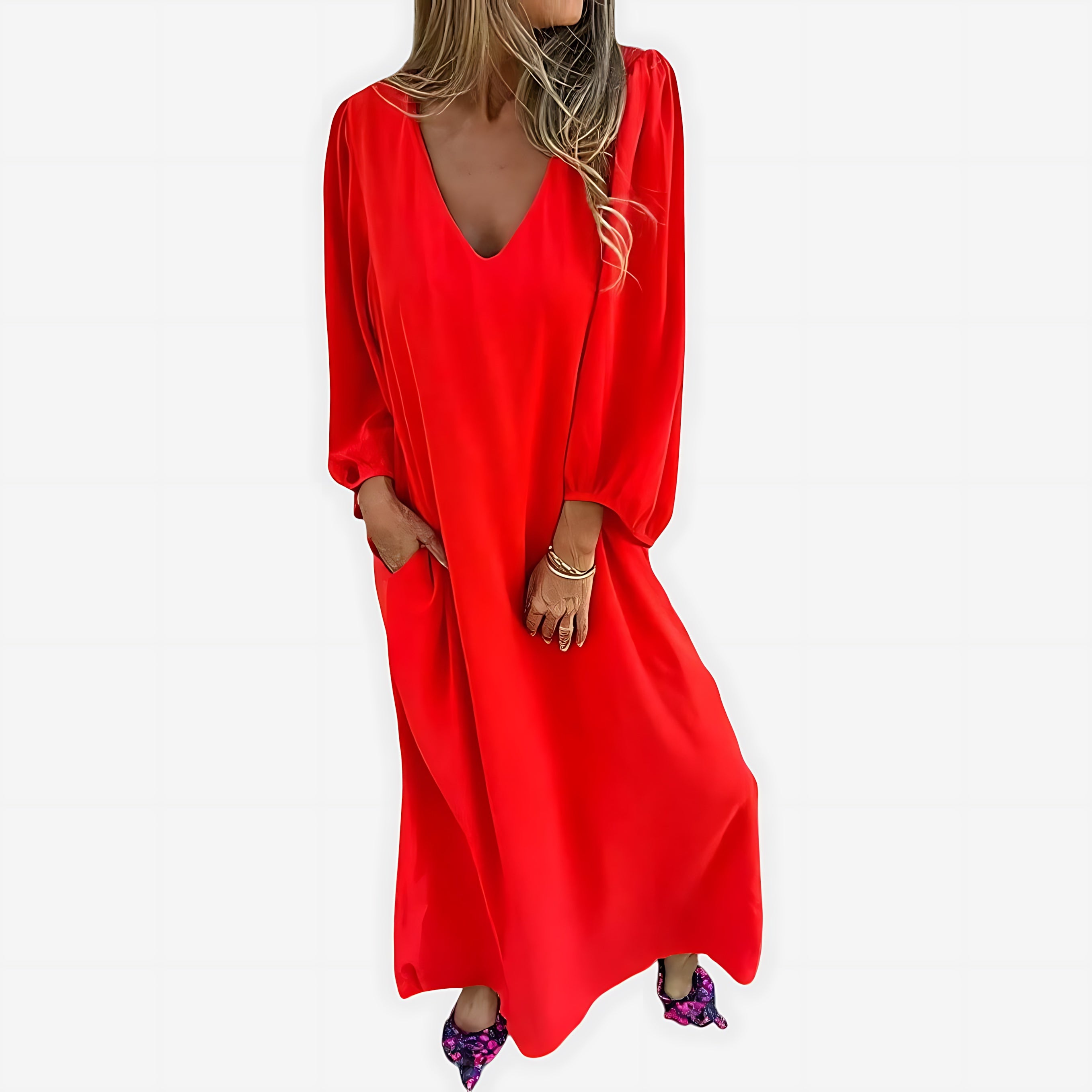 Maya – Balloon Sleeve V Neck Boho Maxi Dress