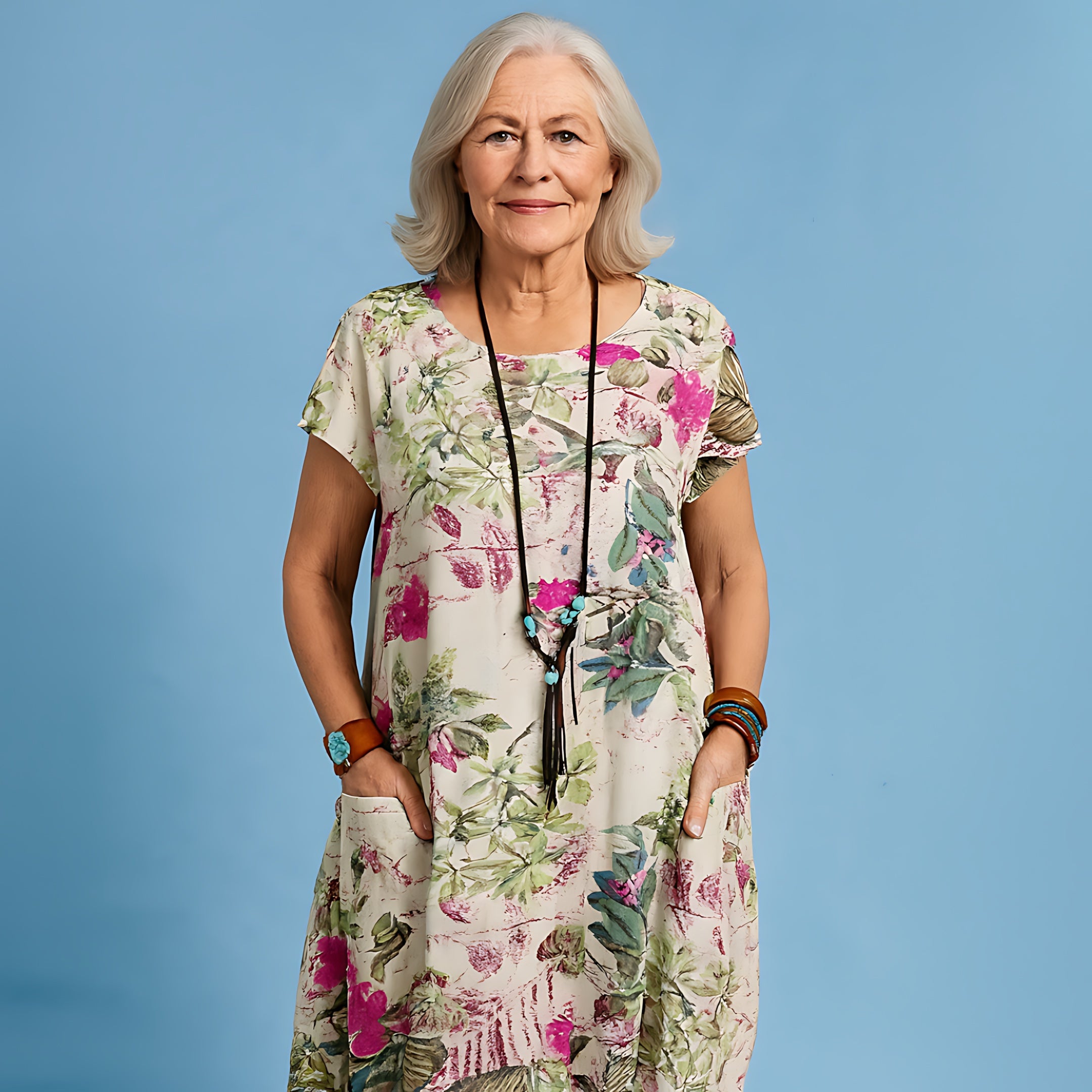 Priscilla – Floral Print Crew Neck Summer Midi Dress