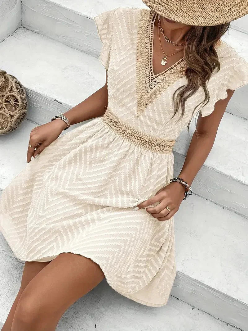 Audrey – Lace V Neck Smocked Waist Mini Dress