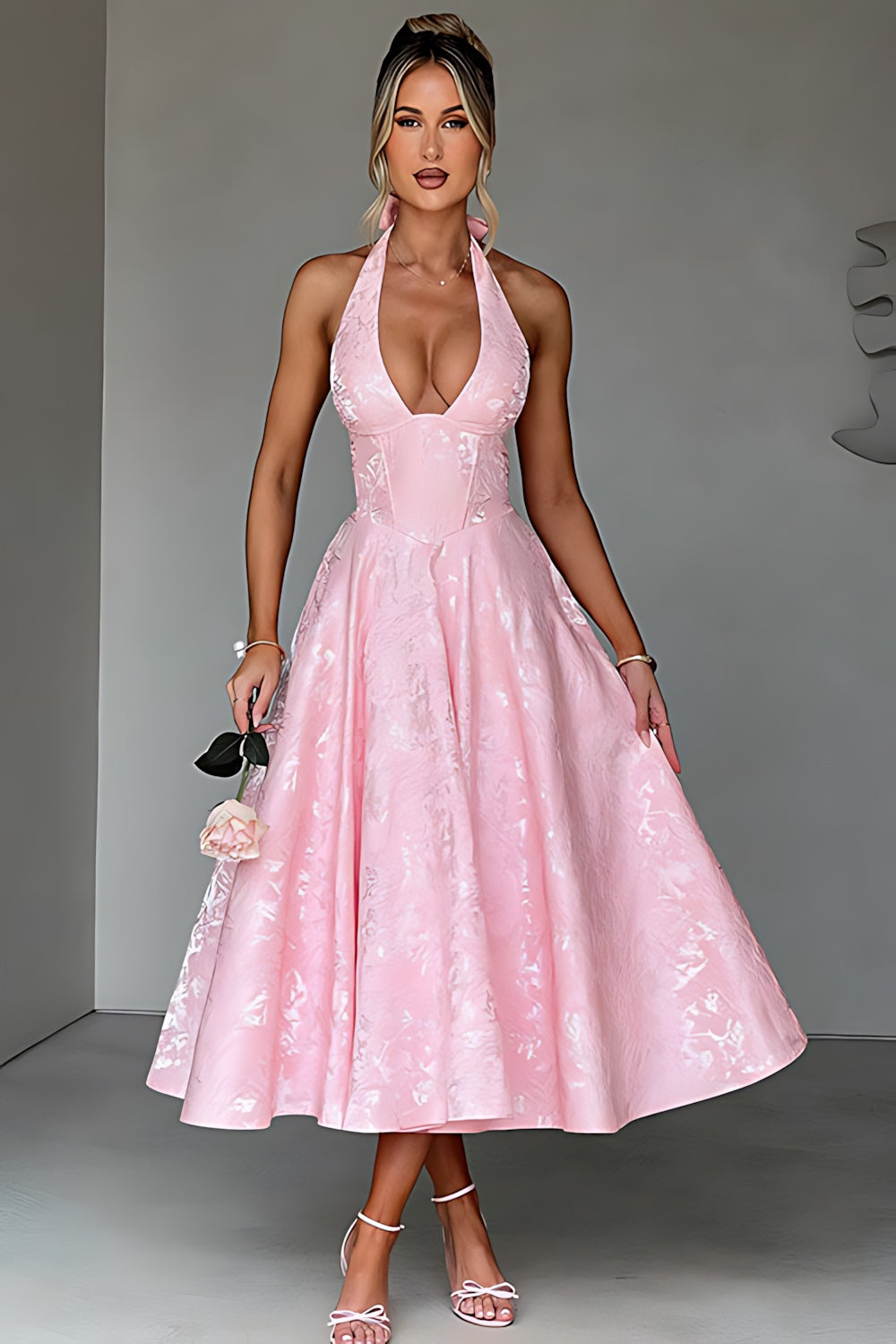 Talia – Jacquard Halter Wedding Guest Midi Dress