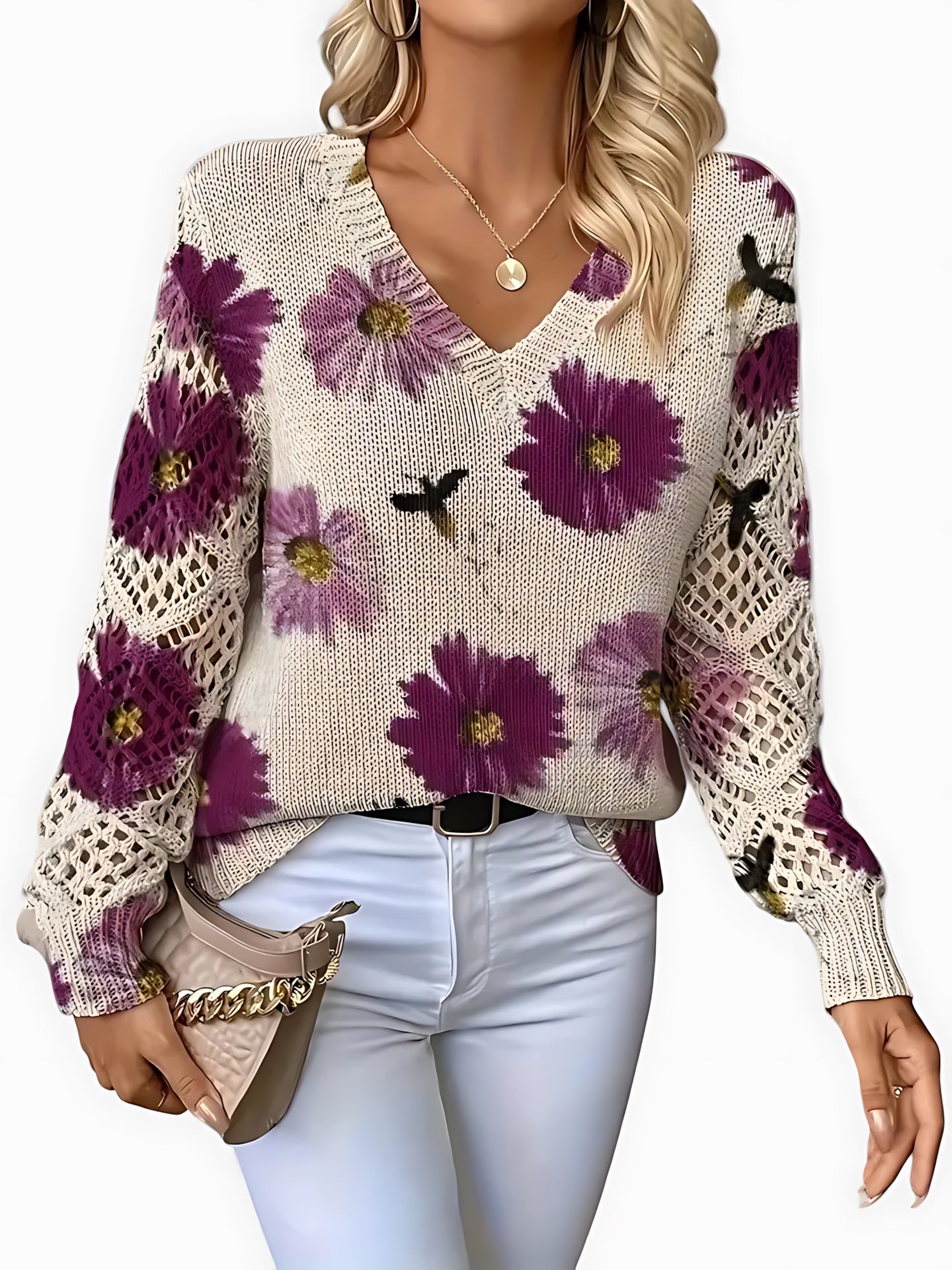 Willow – Floral Print V Neck Knit Sweater