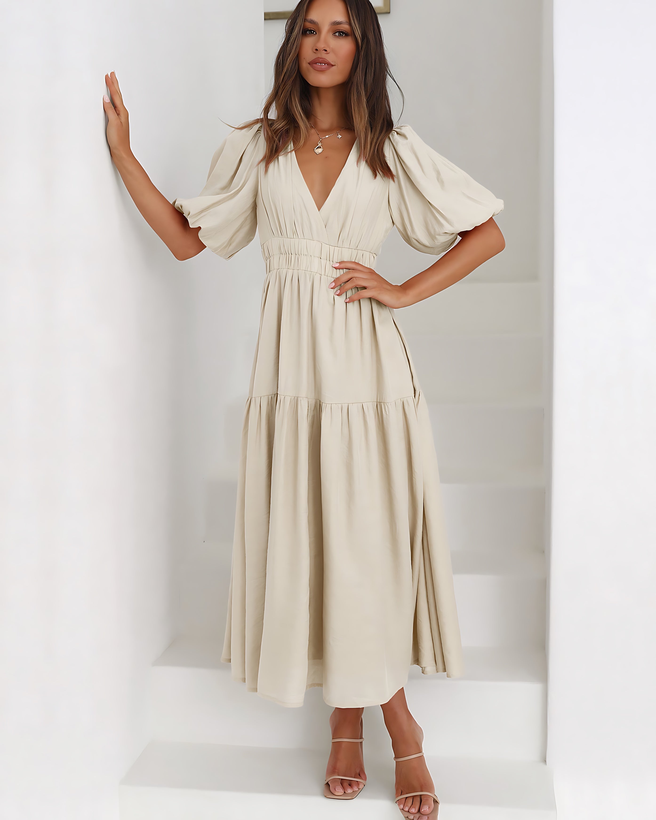 Zoe – V Neck Puff Sleeve Smocked Waist Midi Dress