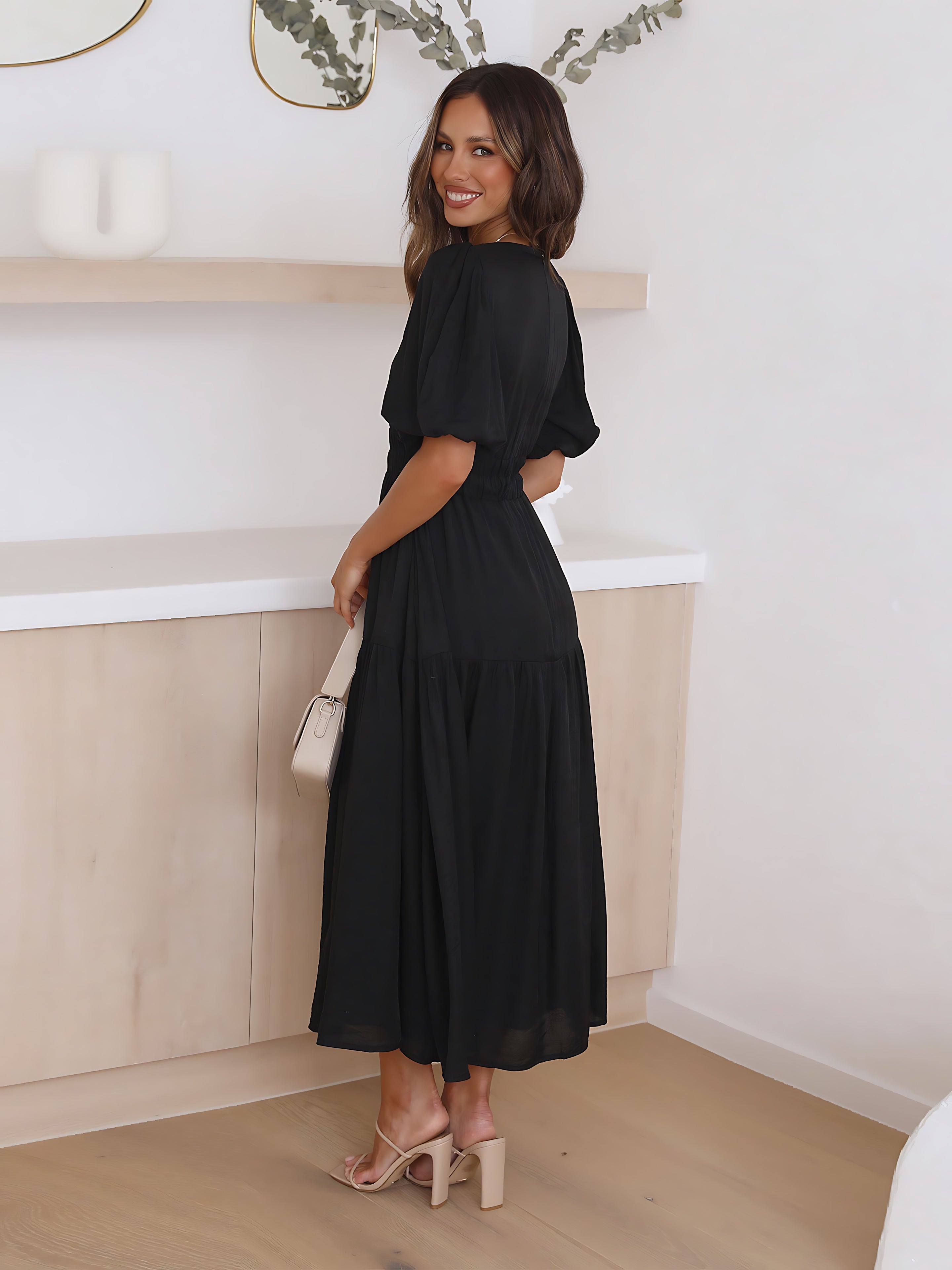Zoe – V Neck Puff Sleeve Smocked Waist Midi Dress